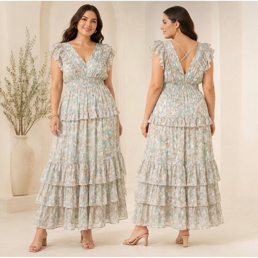 Koko + Mason Ruffle Tiered Maxi Dress XL Abstract Pastel Boho Cottagecore